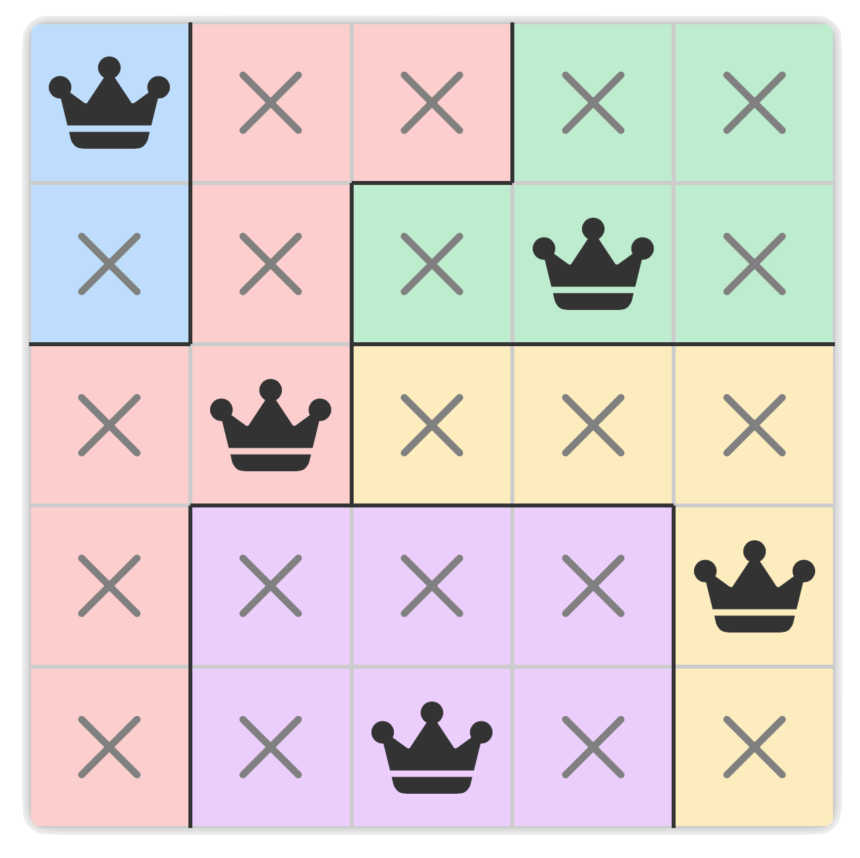 A solved 5×5 Simple Queens board: one crown per row, column, and colored region, with every other cell marked off.